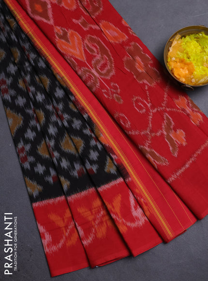 Ikat cotton saree black and red with allover ikat weaves and ikat border
