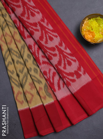 Ikat cotton saree dark mustard and maroon with allover ikat weaves and simple border