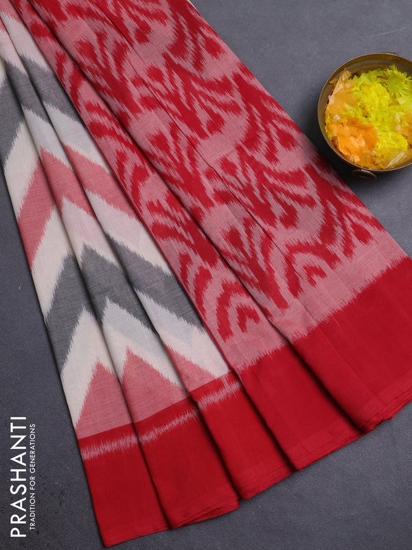 Ikat cotton saree off white and red with allover ikat weaves and simple border