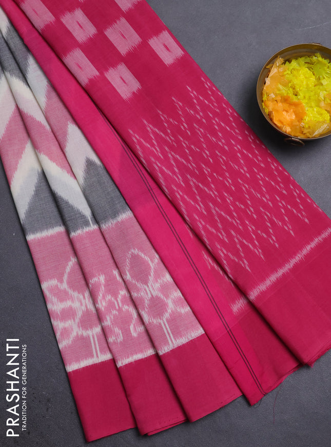 Ikat cotton saree off white and pink with allover ikat weaves and long ikat woven & simple border