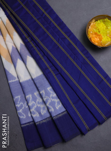 Ikat cotton saree off white and blue with allover ikat weaves and long ikat woven & simple border
