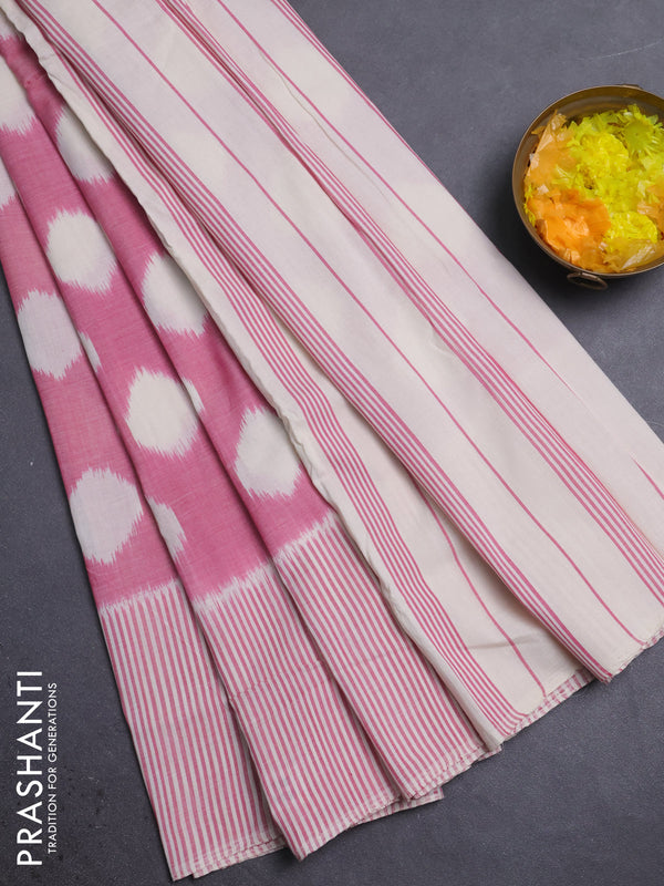 Ikat cotton saree pink and cream with allover ikat weaves and long stripe pattern border