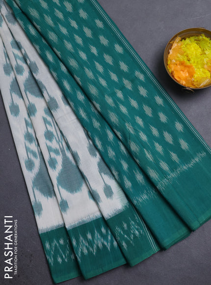 Ikat cotton saree off white and green with allover ikat weaves and ikat woven border