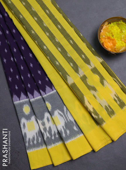 Ikat cotton saree navy blue and yellow with allover ikat weaves and simple border