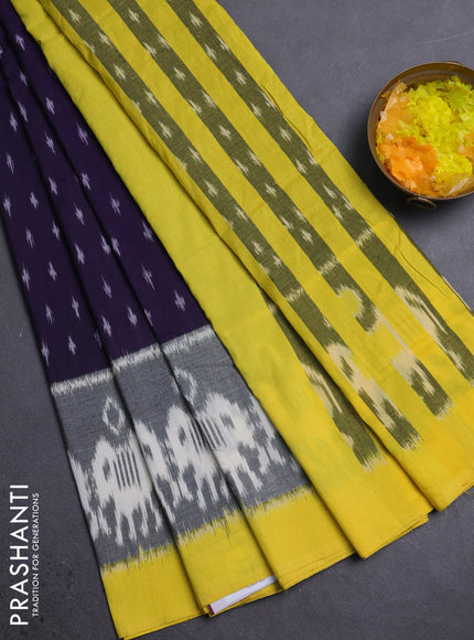 Ikat cotton saree navy blue and yellow with alliover ikat buttas and simple border