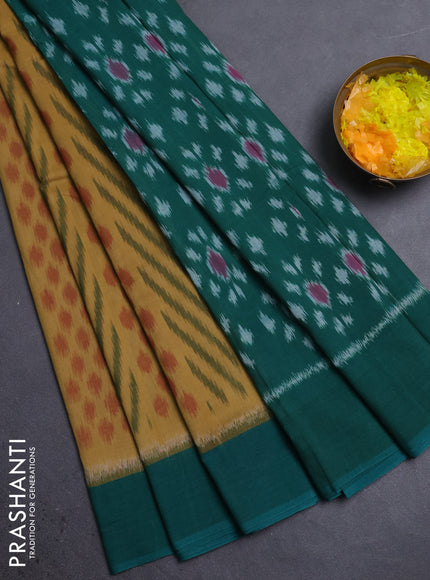 Ikat cotton saree mustard shade and green with allover ikat weaves and simple border