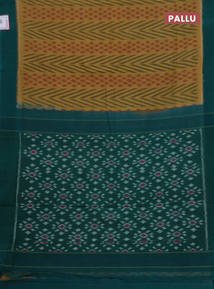 Ikat cotton saree mustard shade and green with allover ikat weaves and simple border
