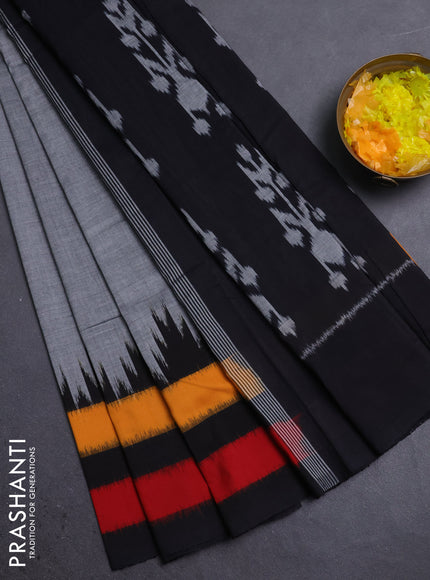 Ikat cotton saree grey and black with plain body and temple design ikat border