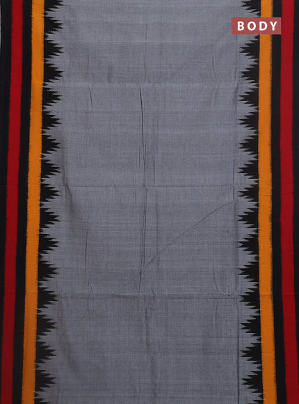 Ikat cotton saree grey and black with plain body and temple design ikat border