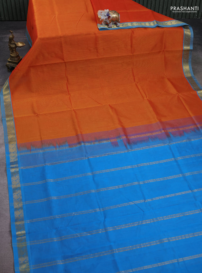 Silk cotton saree sunset orange and cs blue with plain body and paisley zari woven border