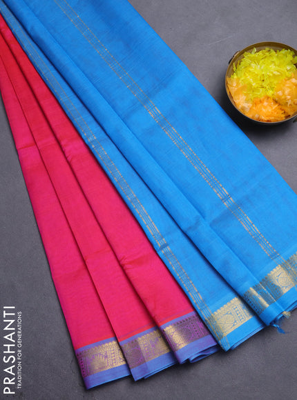 Silk cotton saree pink and cs blue with plain body and temple & rudraksha zari woven border