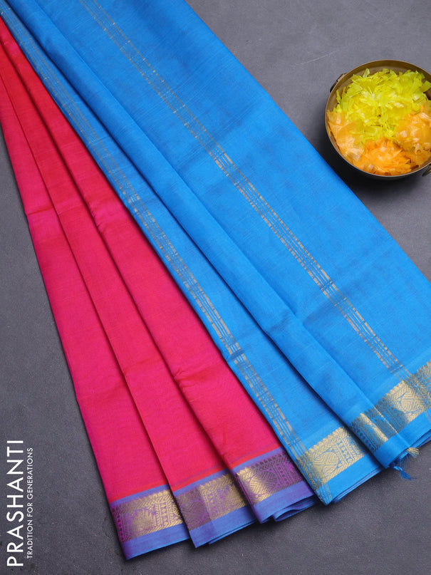 Silk cotton saree pink and cs blue with plain body and temple & rudraksha zari woven border