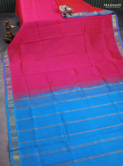 Silk cotton saree pink and cs blue with plain body and temple & rudraksha zari woven border