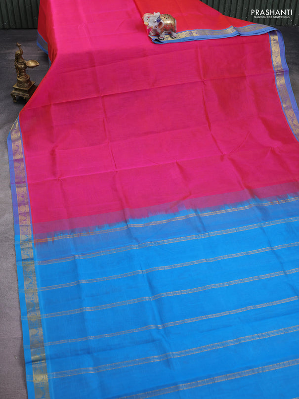 Silk cotton saree pink and cs blue with plain body and temple & rudraksha zari woven border