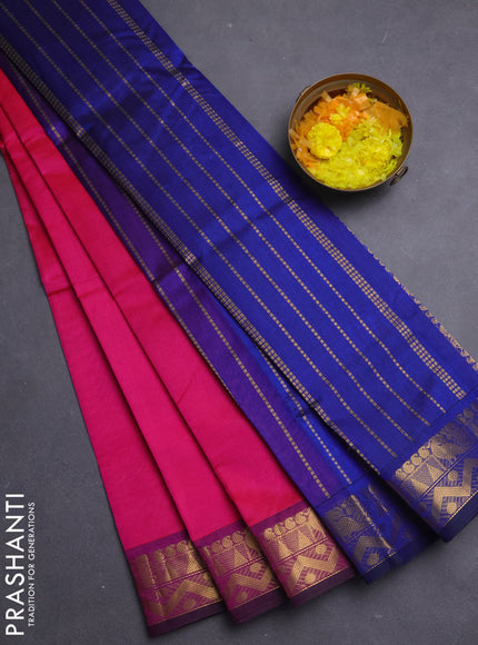 Silk cotton saree pink and blue with plain body and annam zari woven border