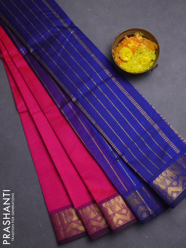 Silk cotton saree pink and blue with plain body and annam zari woven border