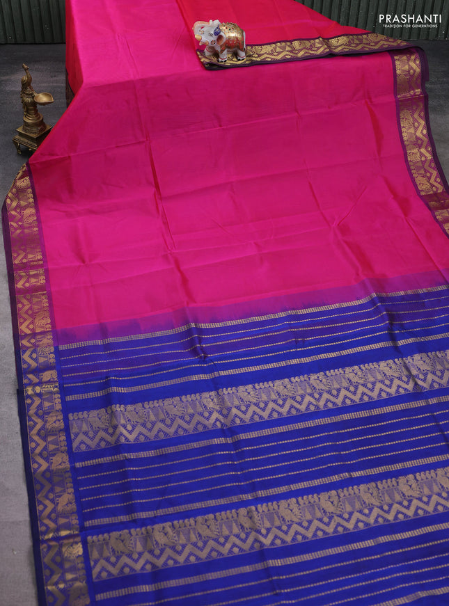 Silk cotton saree pink and blue with plain body and annam zari woven border