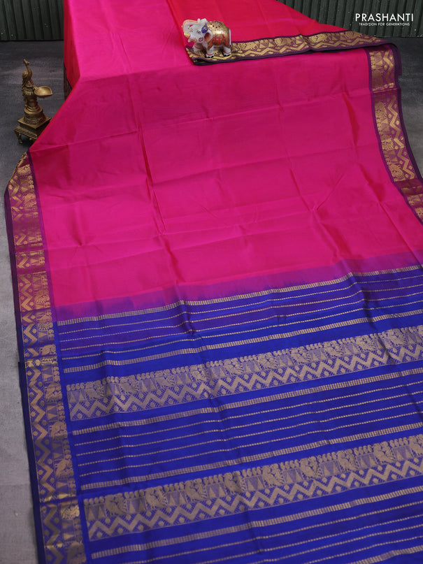Silk cotton saree pink and blue with plain body and annam zari woven border