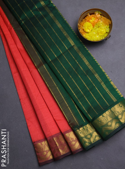 Silk cotton saree orange and green with plain body and annam zari woven border