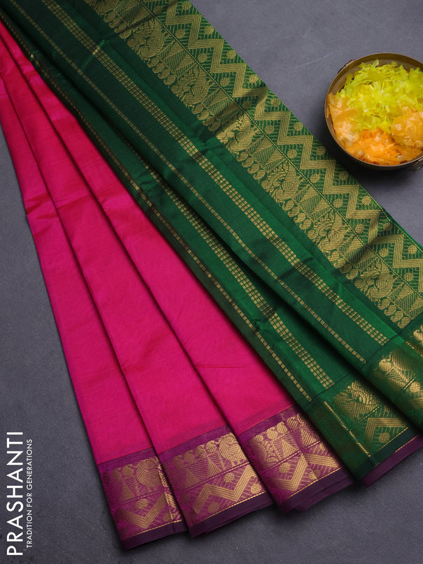 Silk cotton saree magenta pink and green with plain body and annam zari woven border