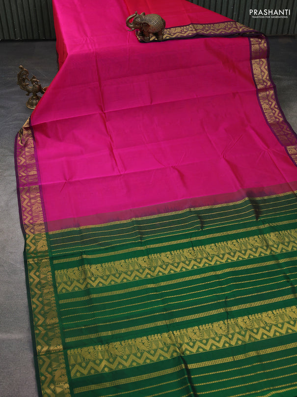 Silk cotton saree magenta pink and green with plain body and annam zari woven border
