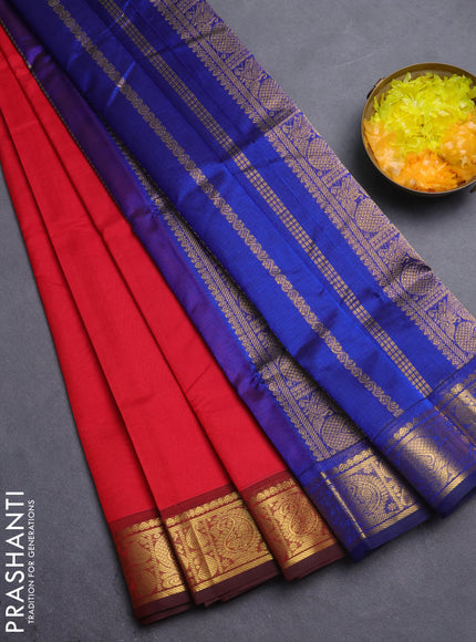 Silk cotton saree red and blue with plain body and annam & paisley zari woven border