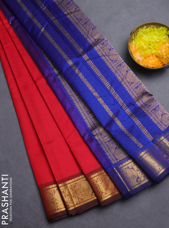 Silk cotton saree red and blue with plain body and annam & paisley zari woven border