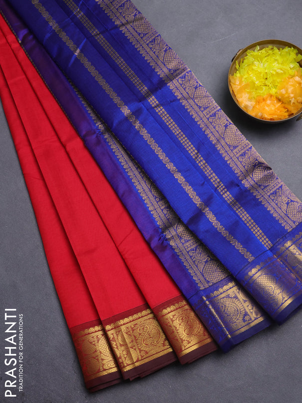 Silk cotton saree red and blue with plain body and annam & paisley zari woven border