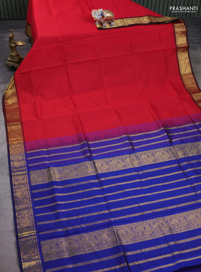 Silk cotton saree red and blue with plain body and annam & paisley zari woven border