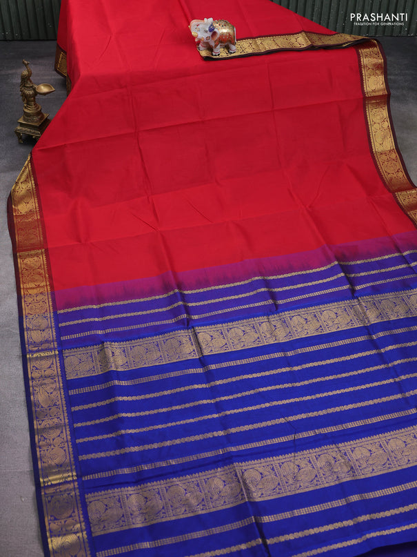 Silk cotton saree red and blue with plain body and annam & paisley zari woven border