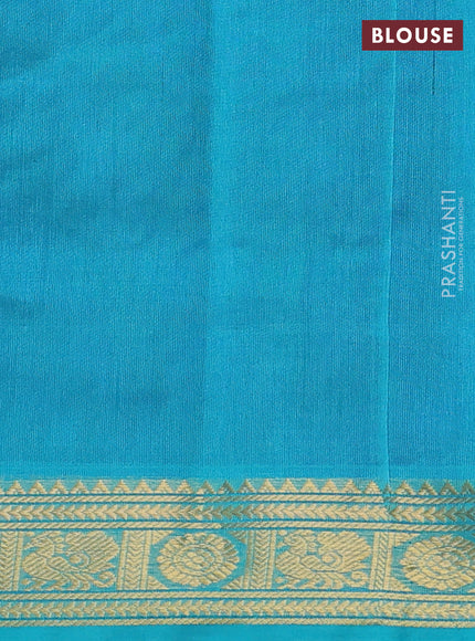 Silk cotton saree blue and teal blue with plain body and annam & rudraksha zari woven border