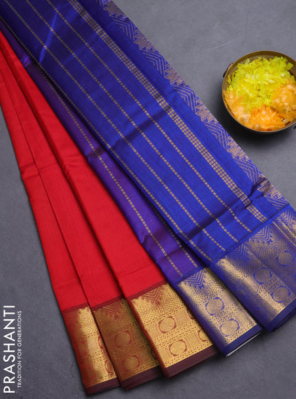 Silk cotton saree red and blue with plain body and temple zari woven border
