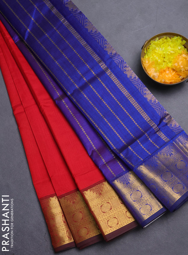 Silk cotton saree red and blue with plain body and temple zari woven border