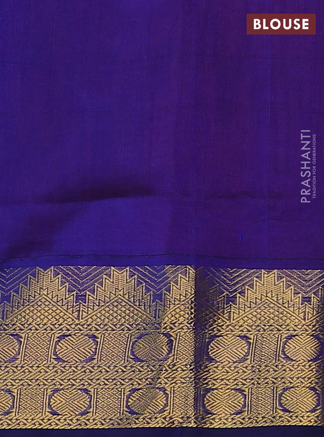 Silk cotton saree red and blue with plain body and temple zari woven border