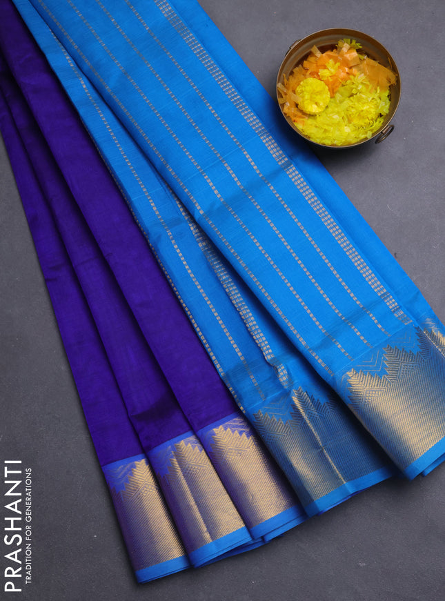 Silk cotton saree blue and cs blue with plain body and temple zari woven border