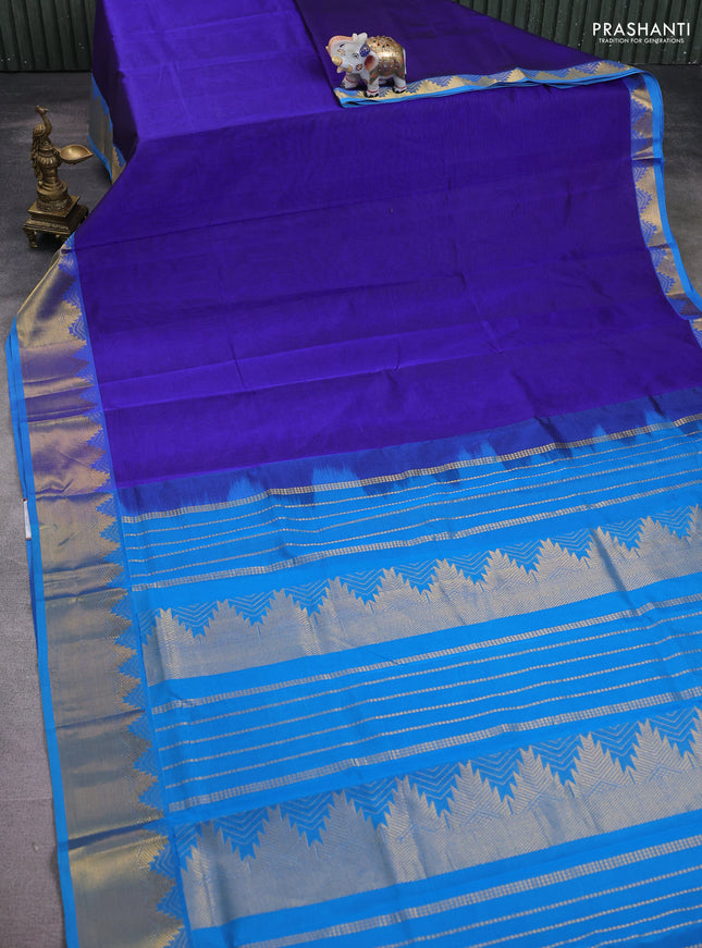 Silk cotton saree blue and cs blue with plain body and temple zari woven border
