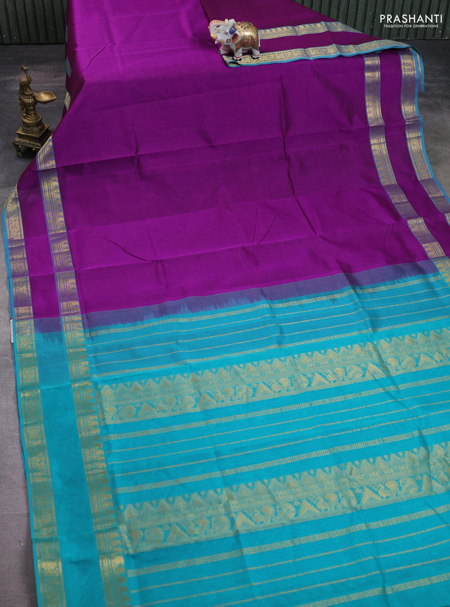 Silk cotton saree purple and teal green with plain body and annam zari woven border