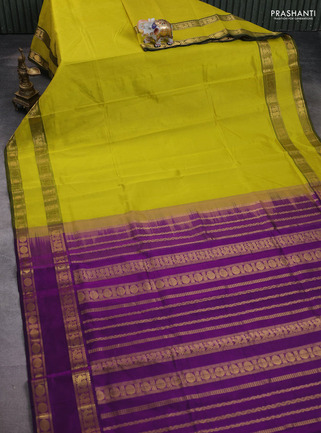 Silk cotton saree lime yellow and purple with plain body and rettapet zari woven border