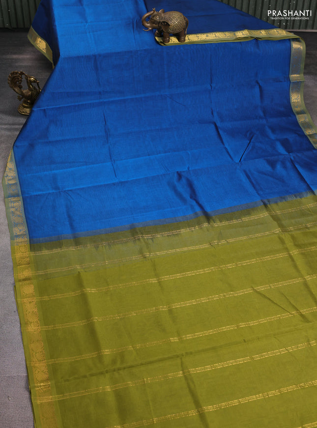 Silk cotton saree peacock blue and mehendi green with plain body and zari woven border