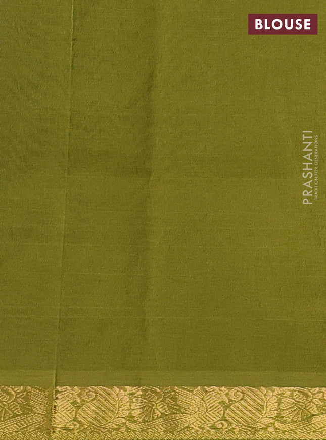 Silk cotton saree peacock blue and mehendi green with plain body and zari woven border