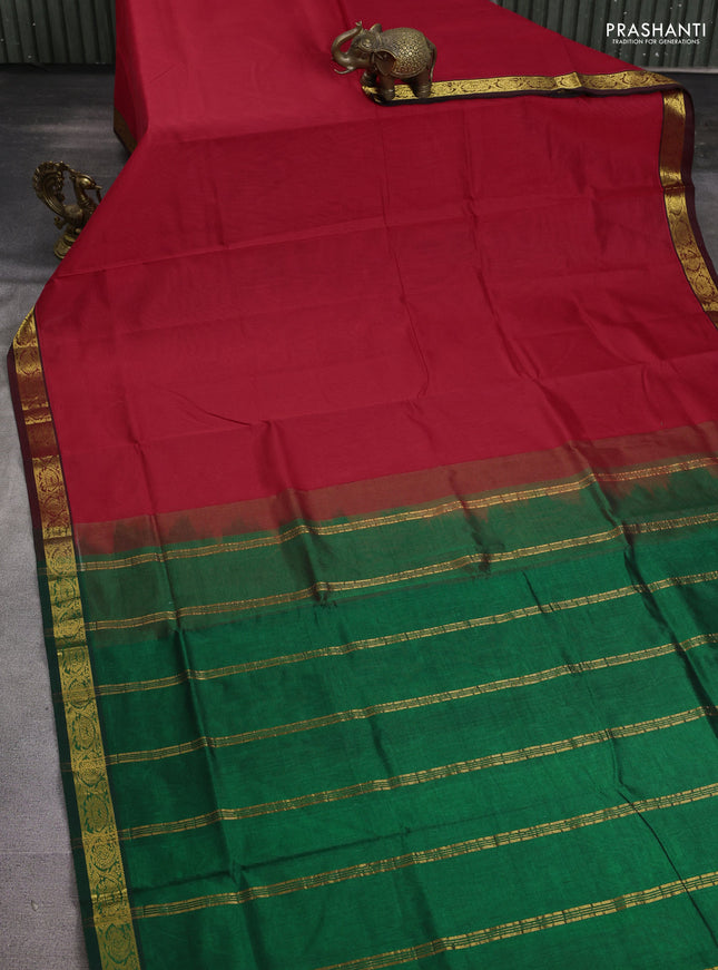 Silk cotton saree red and green with plain body and zari woven border