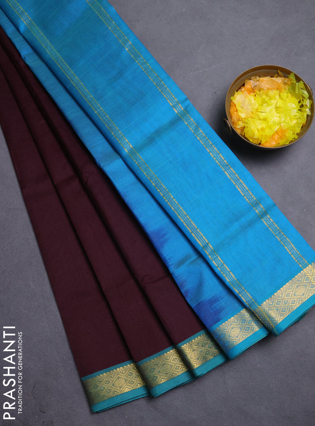 Silk cotton saree coffee brown and dual shade of teal blue with plain body and zari woven border