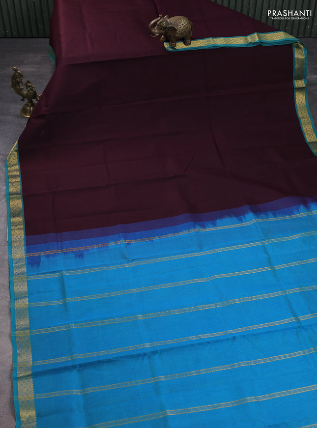 Silk cotton saree coffee brown and dual shade of teal blue with plain body and zari woven border