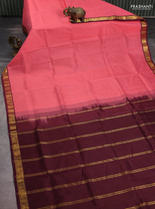 Silk cotton saree peach shade and coffee brown with plain body and annam zari woven border