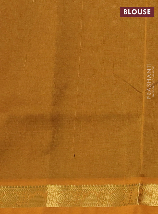 Silk cotton saree green and dark mustard with plain body and zari woven border