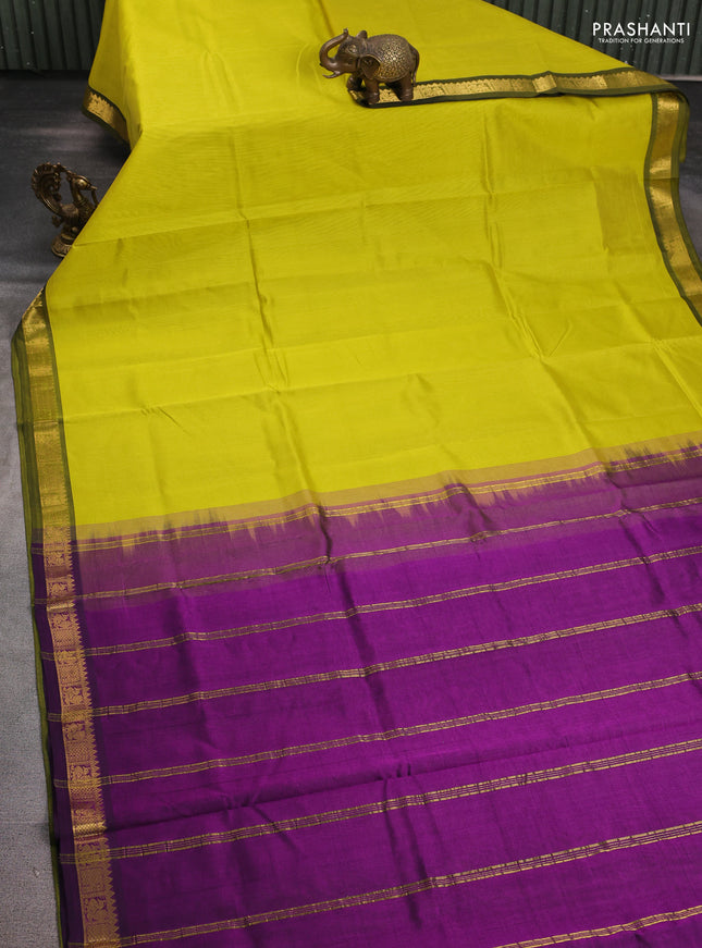 Silk cotton saree lime yellow and purple with plain body and zari woven border