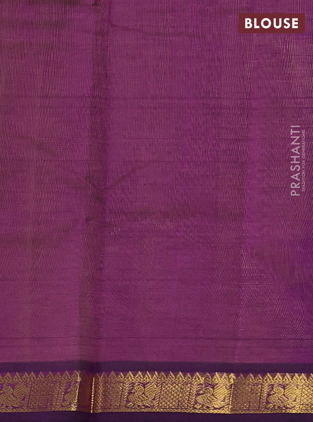 Silk cotton saree lime yellow and purple with plain body and zari woven border