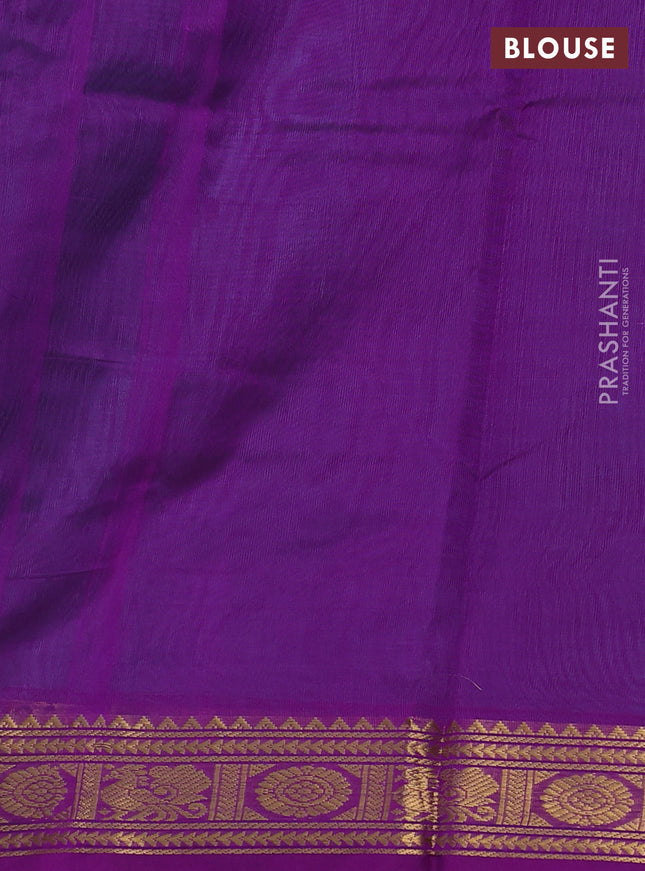 Silk cotton saree teal blue and purple with plain body and peacock zari woven border