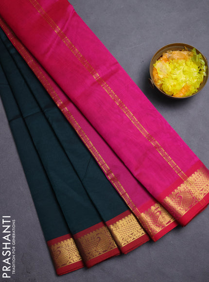 Silk cotton saree bottle green and pink with plain body and paisley zari woven border