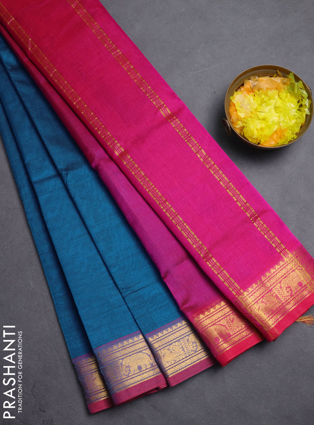 Silk cotton saree peacock blue and pink with plain body and zari woven border